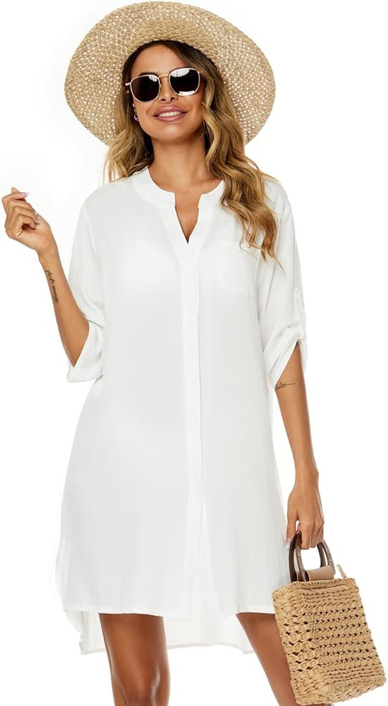 SimpleFun Women's Swimsuit Cover Ups Shirt 3/4 Sleeve Button Down Bathing Suit Beach Dresses | Amazon (US)