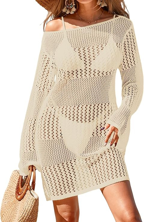 BreathSunny Womens Crochet Boat Neck Swimsuit Coverup Summer 2025 Long Bell Sleeve Beach Bathing ... | Amazon (US)