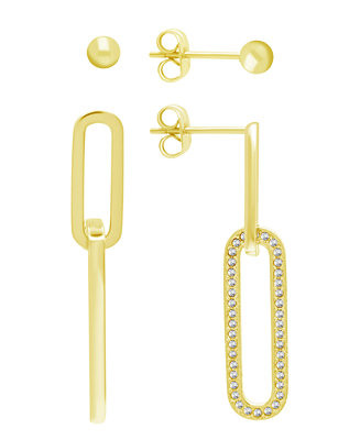 High Polished Ball Stud and Post Paper Clip Clear Crystal Drop Earring Set, Gold Plate | Macy's