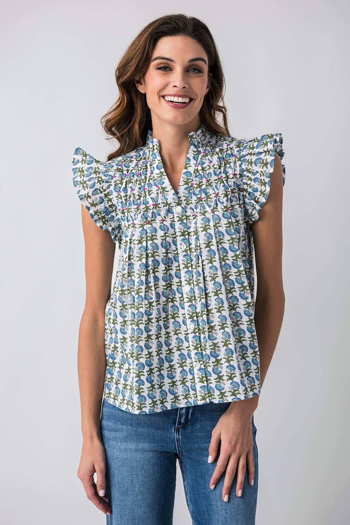 THML Rory Ruffle Sleeve Printed Splitneck Blouse | Social Threads
