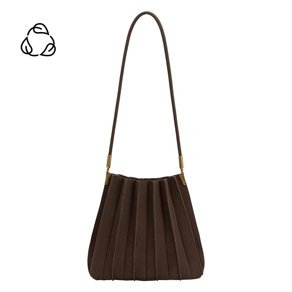 Chocolate Carrie Medium Vegan Suede Pleated Shoulder Bag | Melie Bianco | Melie Bianco