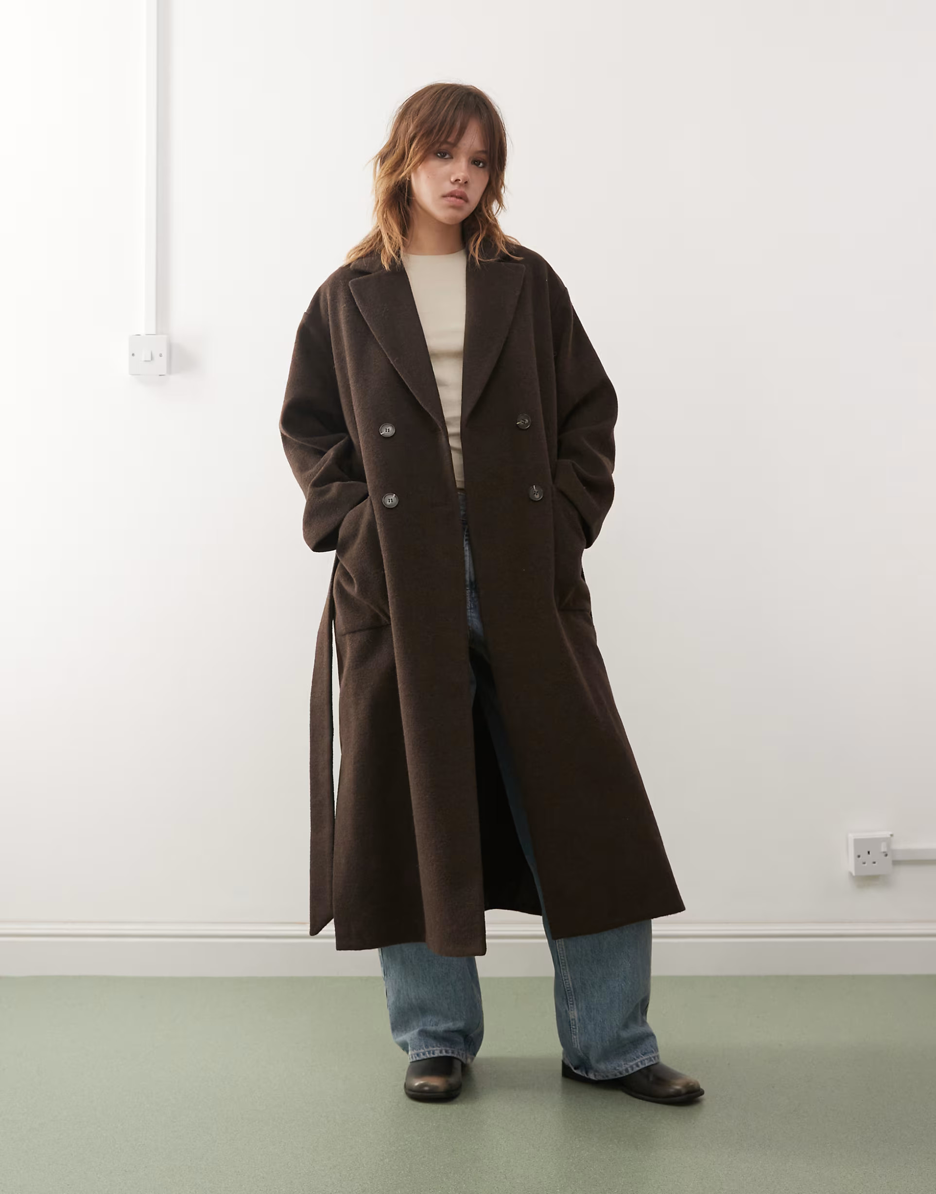 Monki belted double breasted coat with wool in brown melange | ASOS (Global)