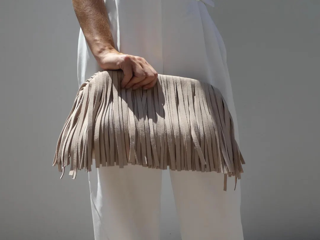 Handmade Cream Suede Tasselled Framed Clutch, Leather Large Cloud Bag With Tassels, Oversized Fri... | Etsy (US)