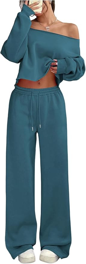 SOLY HUX Women's 2 Piece Outfits Fall Sweatsuits Off The Shoulder Crop Top Wide Leg Sweatpants Ca... | Amazon (US)