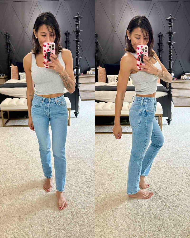 The most classic pair of jeans that will never go out of style. I’m 5’4” with 30” inseam. I wear 24 x 30. Also loving Not too wide of a barrel, soooo comfy with a cinch waist. 

 #LTKgrwm #LTKootd #LTKOver40