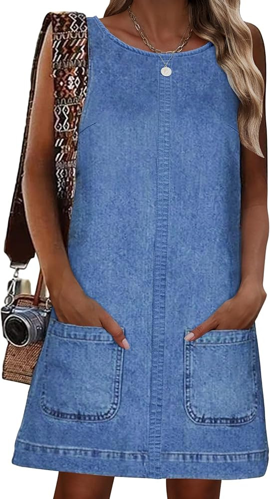 Womens Sleeveless Casual Denim Dress - Summer Crewneck Vintage Loose Jean Romper Overall Dress wi... | Amazon (US)
