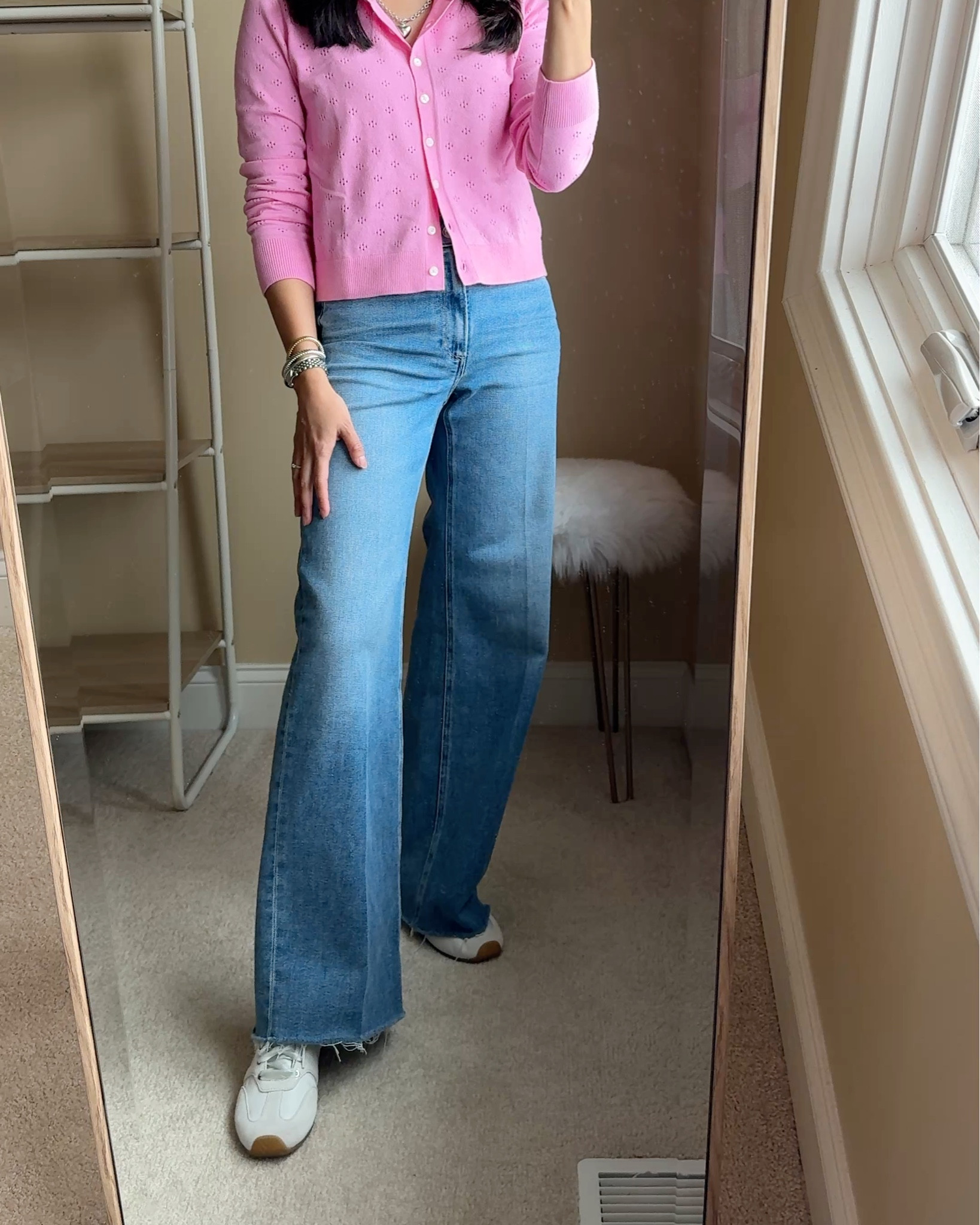 Wide leg jeans. Premium denim material with stretch, but holds its shape. Flattering fit. Raw hem. New wash. True to size for me. (Smaller of my two sizes)
Spring outfit. 
Spring sweater. I sized up. 
Ballet sneakers. True to size  

#LTKootd #LTKOver40