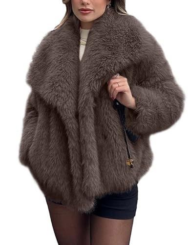 Shiyifa Faux Fur Coat for Women Fluffy Faux Fur Jacket Long Sleeve Open Front Cropped Fuzzy Outerwear(Brown,M) | Amazon (US)