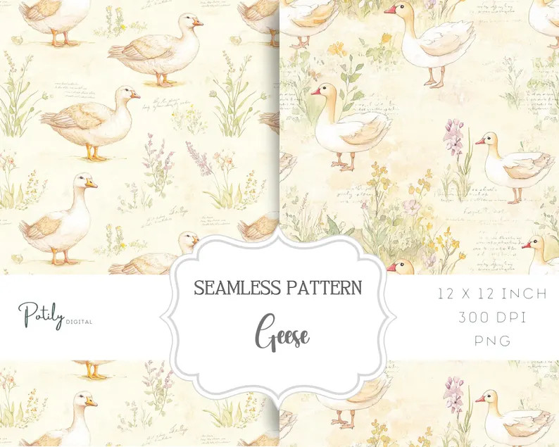Watercolour Goose Seamless Pattern, Vintage Farmyard Animals Background, Digital Paper, Download ... | Etsy (US)