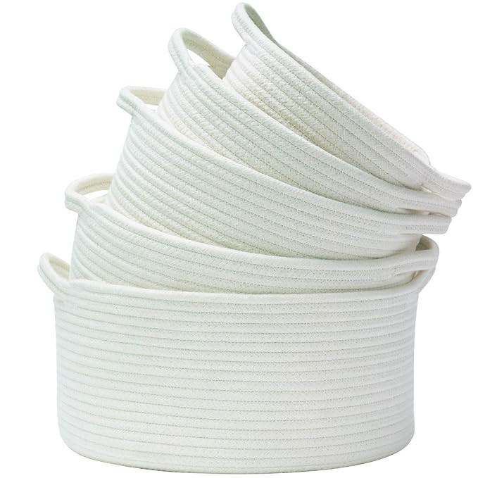 Storage Baskets Set of 5- Woven Basket Cotton Rope Bin, Small White Basket Organizer for Baby Nur... | Amazon (US)