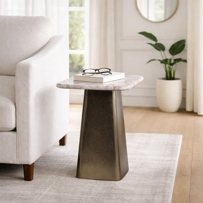 Modern Square Marble End Table for Home Decor - Decorative Small Side Table Stand for Living Room Accent or Drink Table - 22", Bronze & Tan | Target