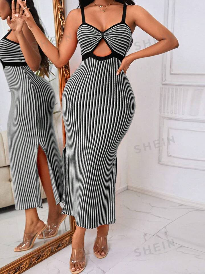 SHEIN VCAY Spring/Summer Casual Color-Block Striped Hollow Out Side Slit Bodycon Sweater Dress Wi... | SHEIN