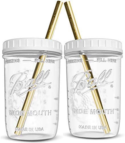 Reusable Wide Mouth Smoothie Cups Boba Tea Cups Bubble Tea Cups with Lids and Gold Straws Ball Mason | Amazon (US)