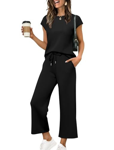 Sampeel 2 Piece Sets for Women Summer Business Casual Outfits Date Lounge Sets Workout Matching Set Women Clothing Cap Sleeve Tops Trendy Black S | Amazon (US)