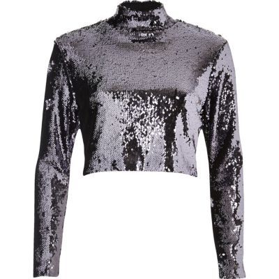 River Island Womens Purple sequin turtleneck crop top | River Island (US)