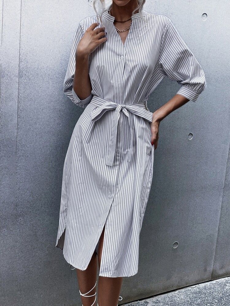Striped Belted Shirt Dress | SHEIN