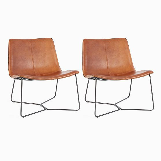 Slope Lounge Chair, Saddle Leather, Nut, Charcoal, Set of 2 | West Elm (US)