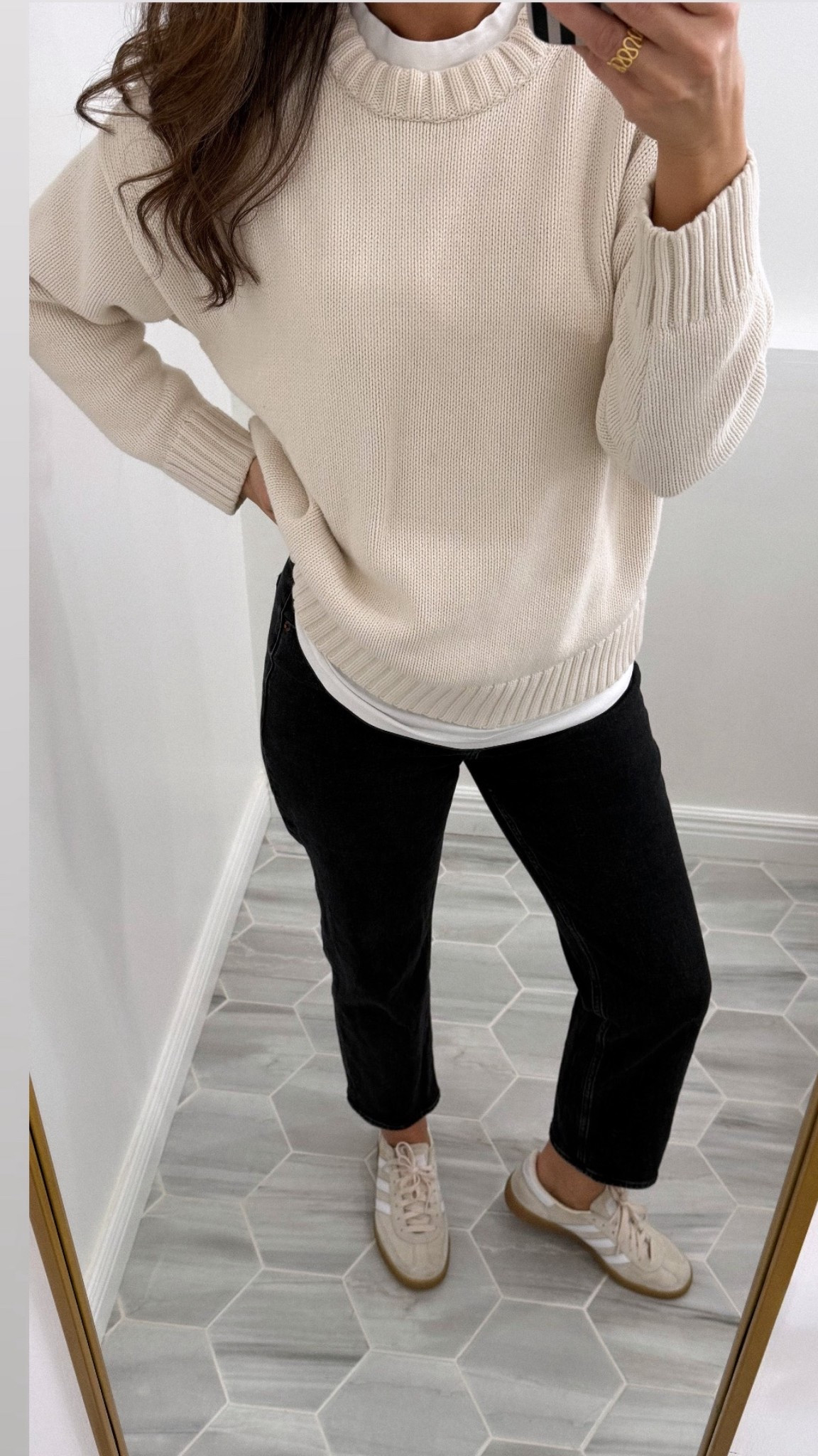 This sweater has been a favorite for a couple of years now and I’m happy they brought it back in even more colors (I say “favorite” about most of my sweaters because I’m at the point where i feel like that about my wardrobe.  Bye to anything you don’t feel excited to wear).  
Anywho…. It’s 100% cotton  🤌🏼
Spezial sneakers are very comfy - while I have Sambas too, these offer more support.  I love all the color combinations they offer. I want a pair with some color.  

#LTKgrwm #LTKootd #LTKSaleAlert