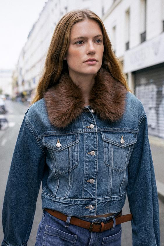 Z1975 FAUX FUR LAPEL CROPPED DENIM JACKET | Zara US