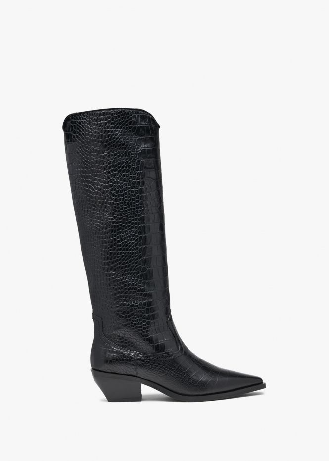 Skira Black Leather Moc Croc Western Knee Boots | Daniel Footwear (UK)