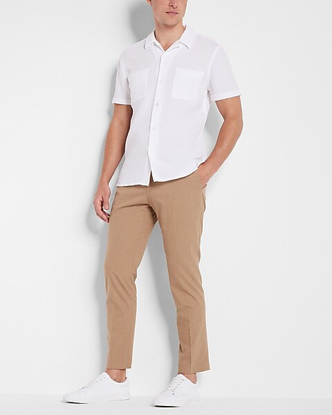 Slim Solid Crinkle Cotton Short Sleeve Shirt | Express