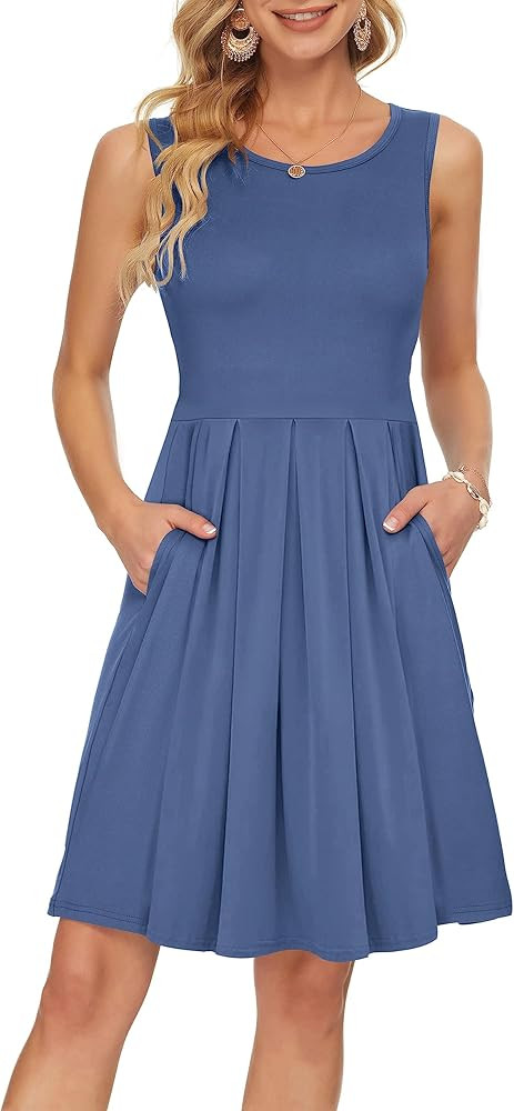 AUSELILY Women Summer Casual T Shirt Dresses Beach Cover up Plain Pleated Tank Dress | Amazon (US)