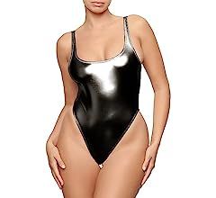 Metallic Swimwear for Women, Retro 70s One Piece Shiny Bathing Suit High Cut Rave Wear Disco Body... | Amazon (US)