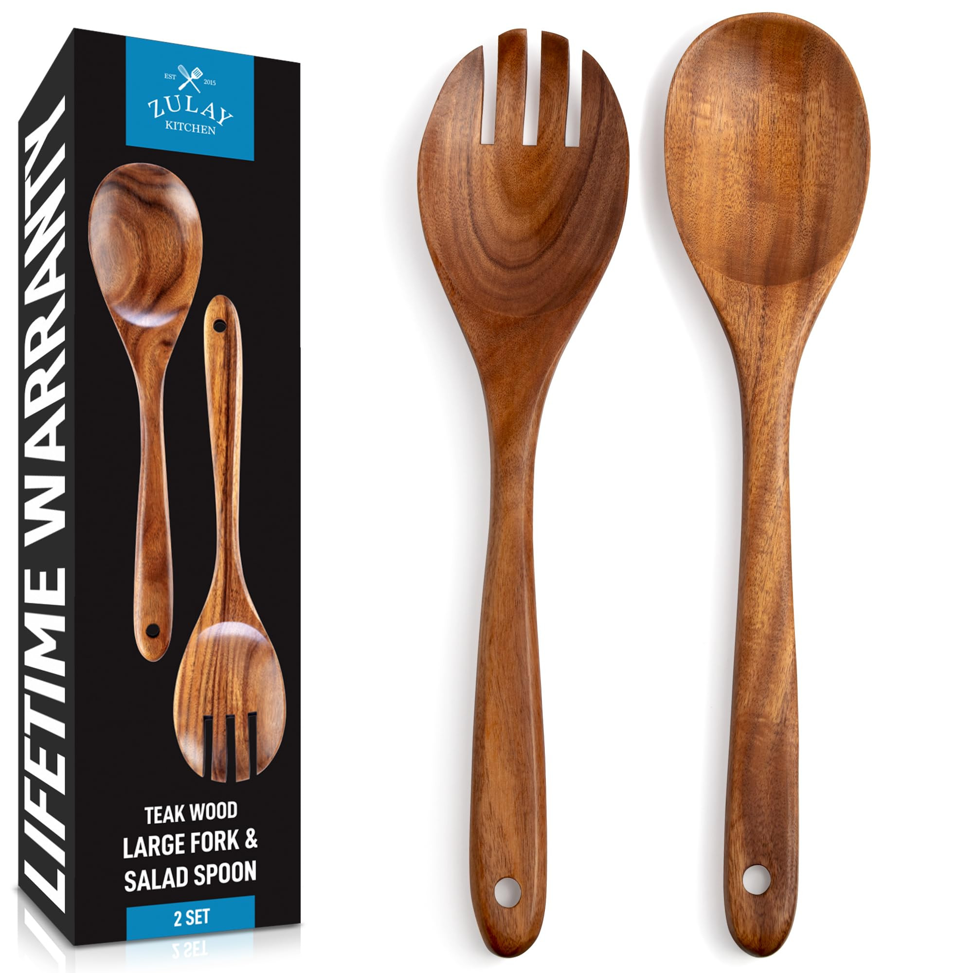 Zulay Kitchen Teak Wood Utensil Set – 2 Piece Large Wooden Salad Serving Spoon and Fork, Handcr... | Amazon (US)