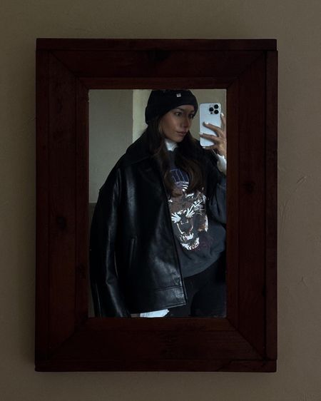 Winter leather jacket outfit style 

Revolve grlfrnd jacket, Hailey Beiber style, minimal black style. Anine Bing sweatshirt 

#LTKHoliday #LTKstyletip #LTKSeasonal