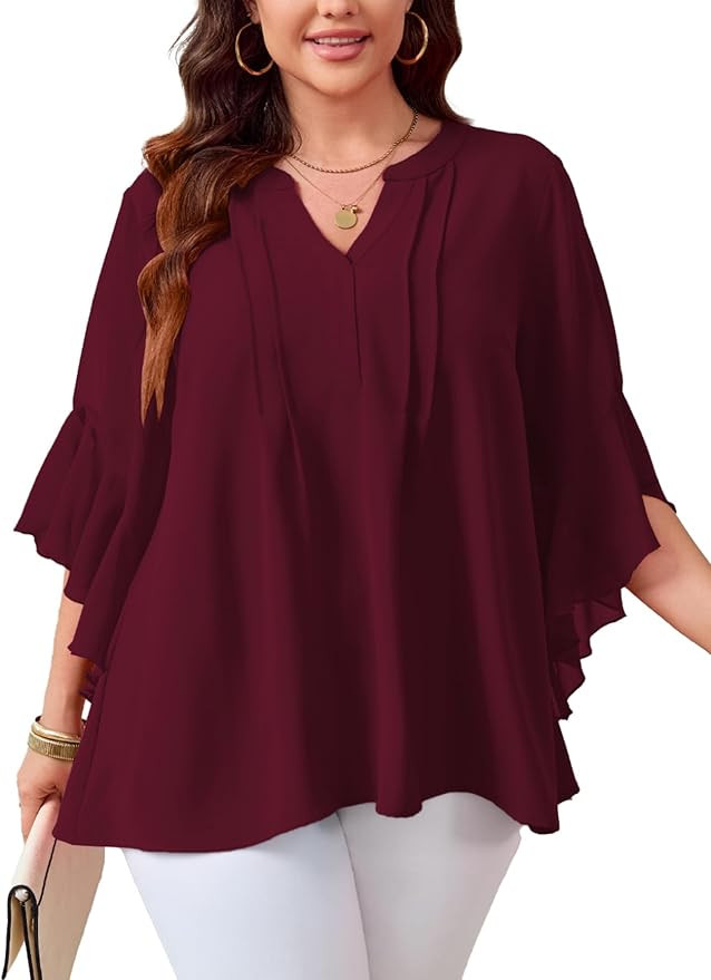 SCOMCHIC Women's Plus Size Blouse 3/4 Sleeve V Neck Chiffon Dressy Casual Shirts Business Work Of... | Amazon (US)