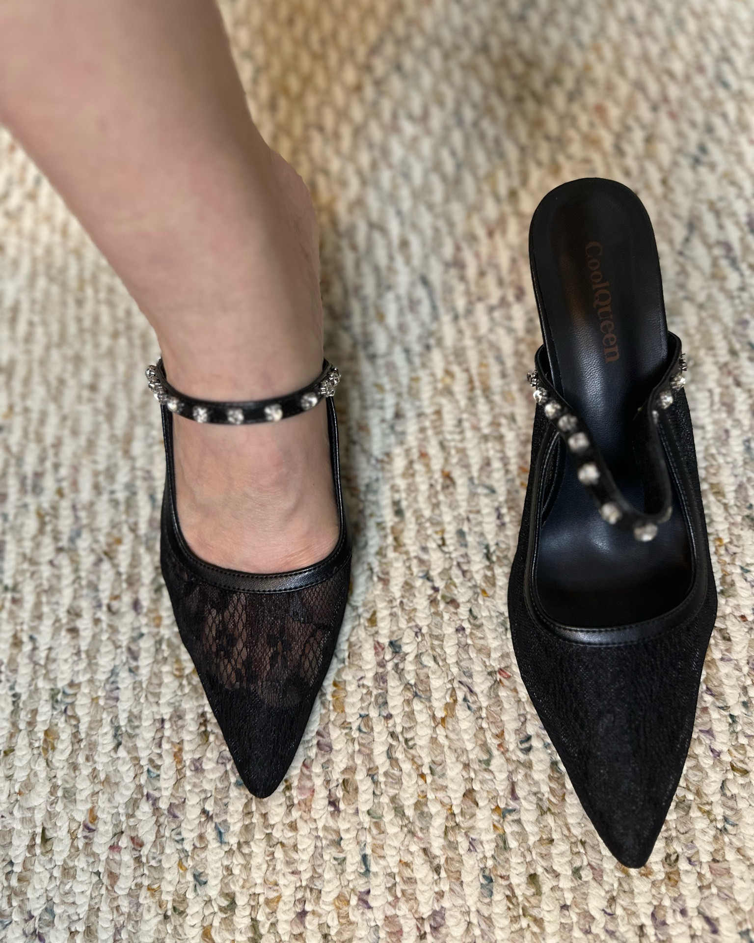 Classy lace black heels 
👠 love the rhinestone band and the fit is true to size