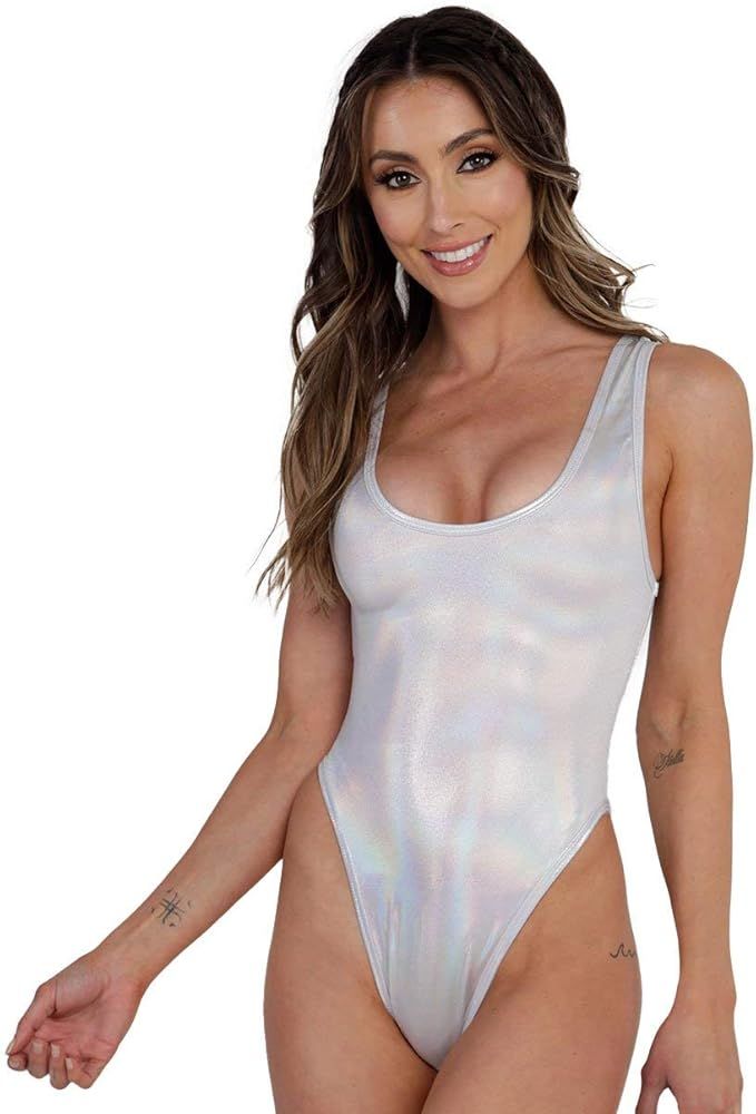 iHeartRaves Women's Holographic Bodysuit - Sparkly High Cut Rave One Piece | Amazon (US)