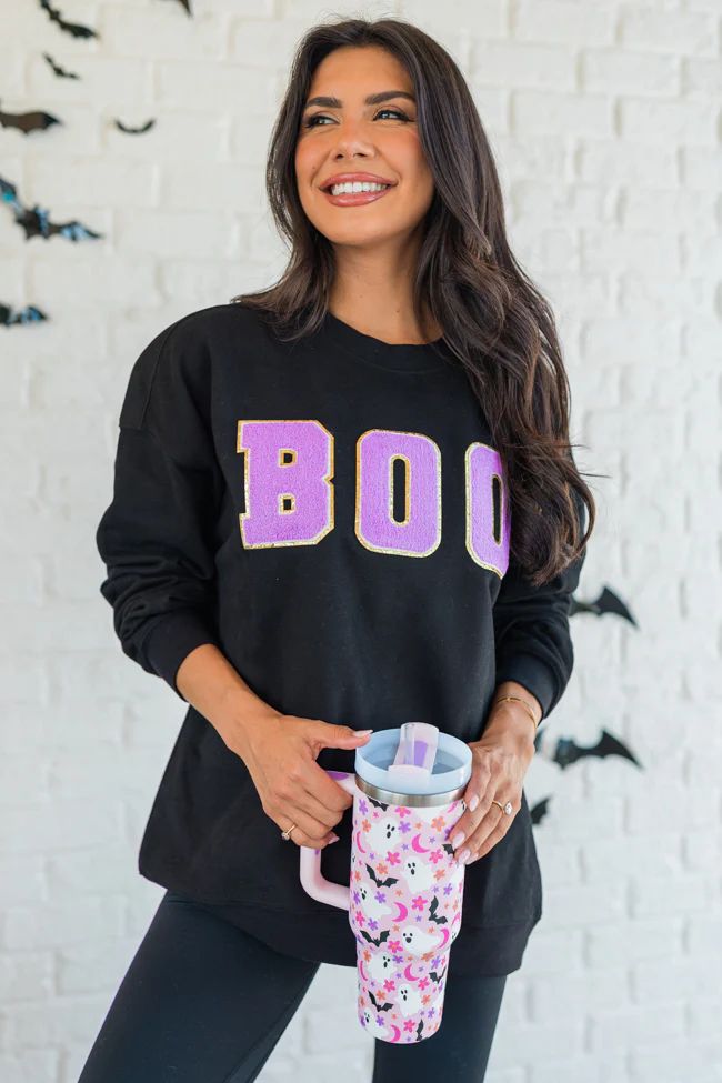 BOO Chenille Patch Black Oversized Graphic Sweatshirt | Pink Lily