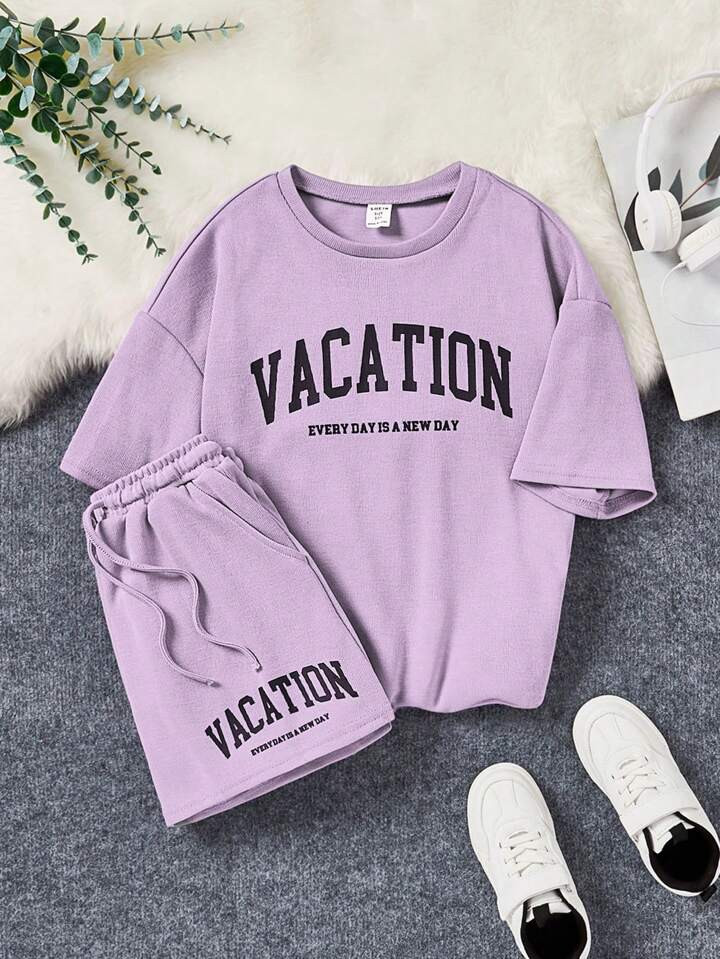 SHEIN Tween Girls' Casual Loose Fit Short Sleeve T-Shirt And Shorts Set With Knit Ribbed Neckline... | SHEIN