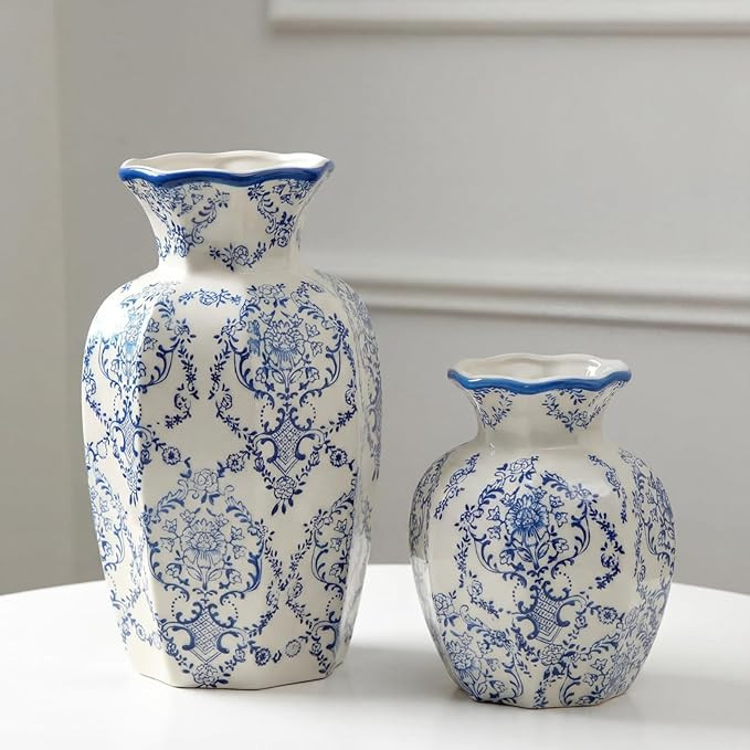 2 Pcs Blue and White Vintage Vase Chinoiserie Floral Vase 9.5'', 6'' Rustic Ceramic Vases for Hom... | Amazon (US)