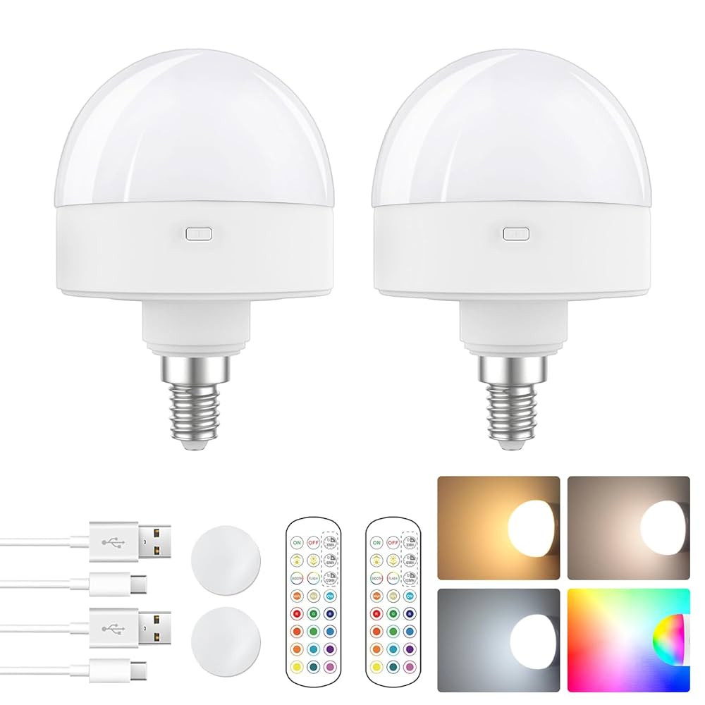 E12 Rechargeable Light Bulb with Remote Control Timer and 15 Colors Options,Battery Operated Ligh... | Amazon (US)