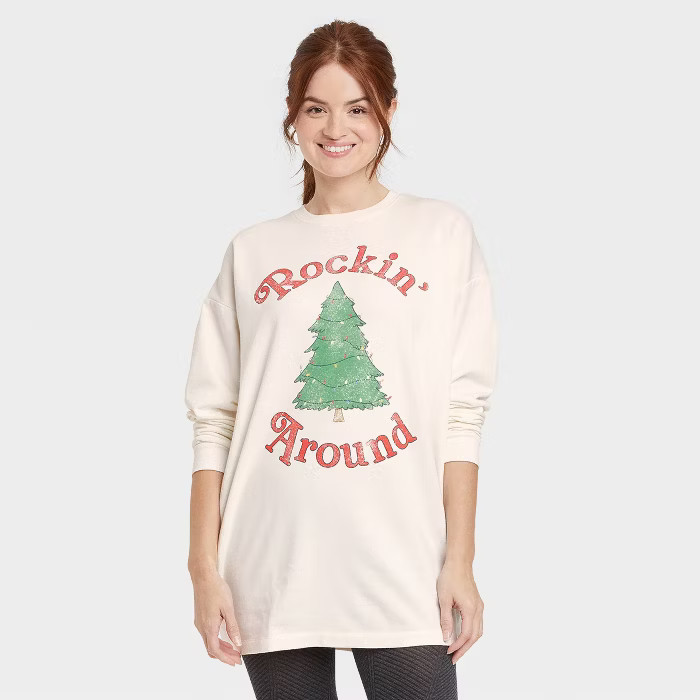 Women's Holiday Rockin' Around Long Sleeve Graphic Sweatshirt Dress - Off-White XXL | Target