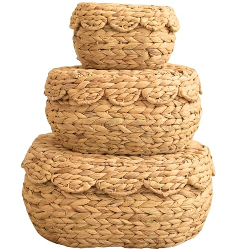 Scalloped Basket with Lid Set of 3,Storage Boxes for Shelves,Decorative Storage Boxes With Lids,Water hyaxinth Storage, Shelf Baskets Set for Organizer | Amazon (US)