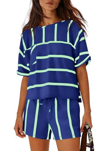 Nirovien Womens Striped Lounge Set 2 Piece Vacation Outfits Short Sleeve Tops and Drawstring Shorts Set with Pockets(Royal Blue Green,XS) | Amazon (US)