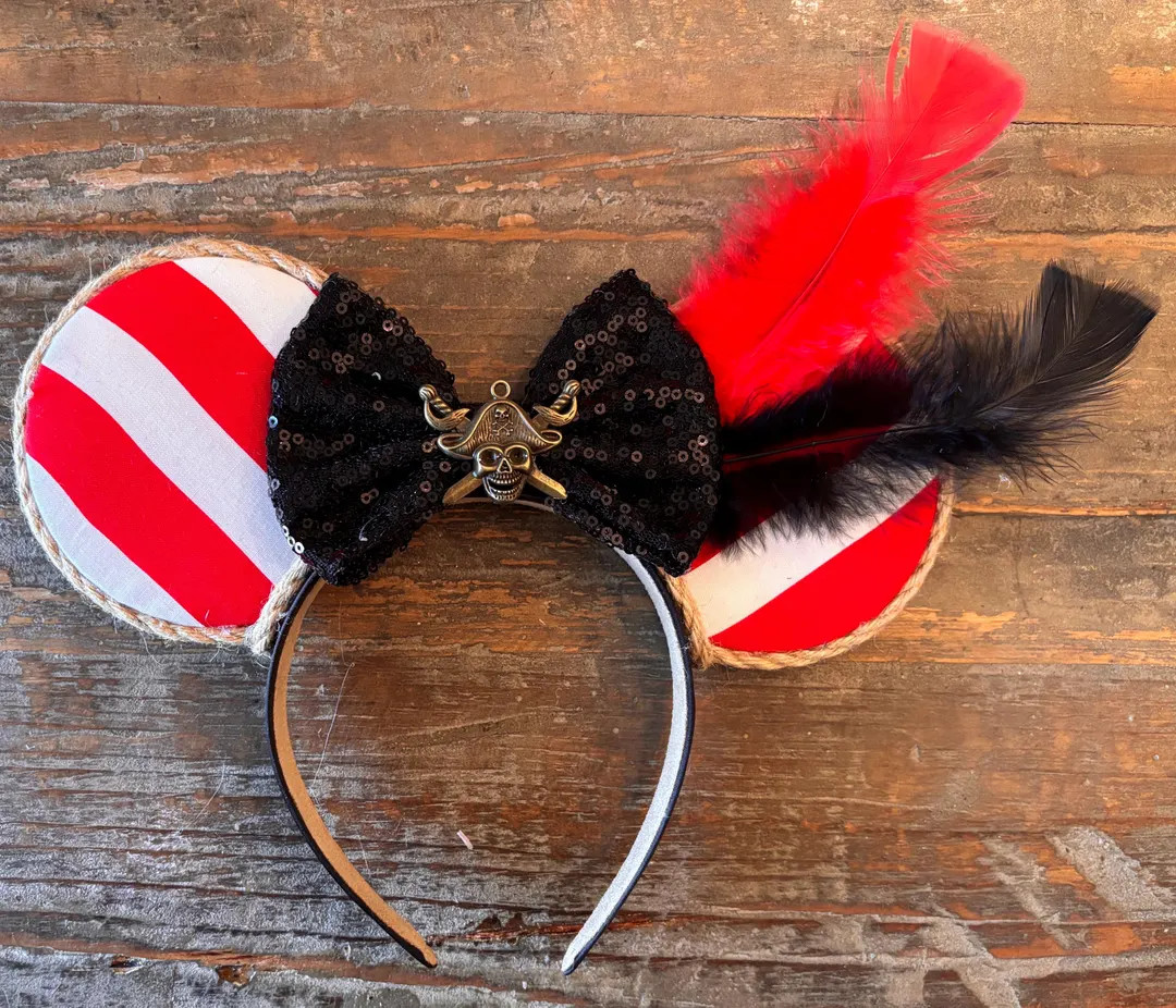 Pirate Cruise Ears | Red Stripe Headband With Sequin Bow & Feathers - Etsy | Etsy (US)