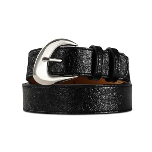 RISANTRY Black Leather Belt for Women Casual Fashion with Stylish Inflated Sliver Buckle Faux Leather Belts for Jeans Dresses | Amazon (US)