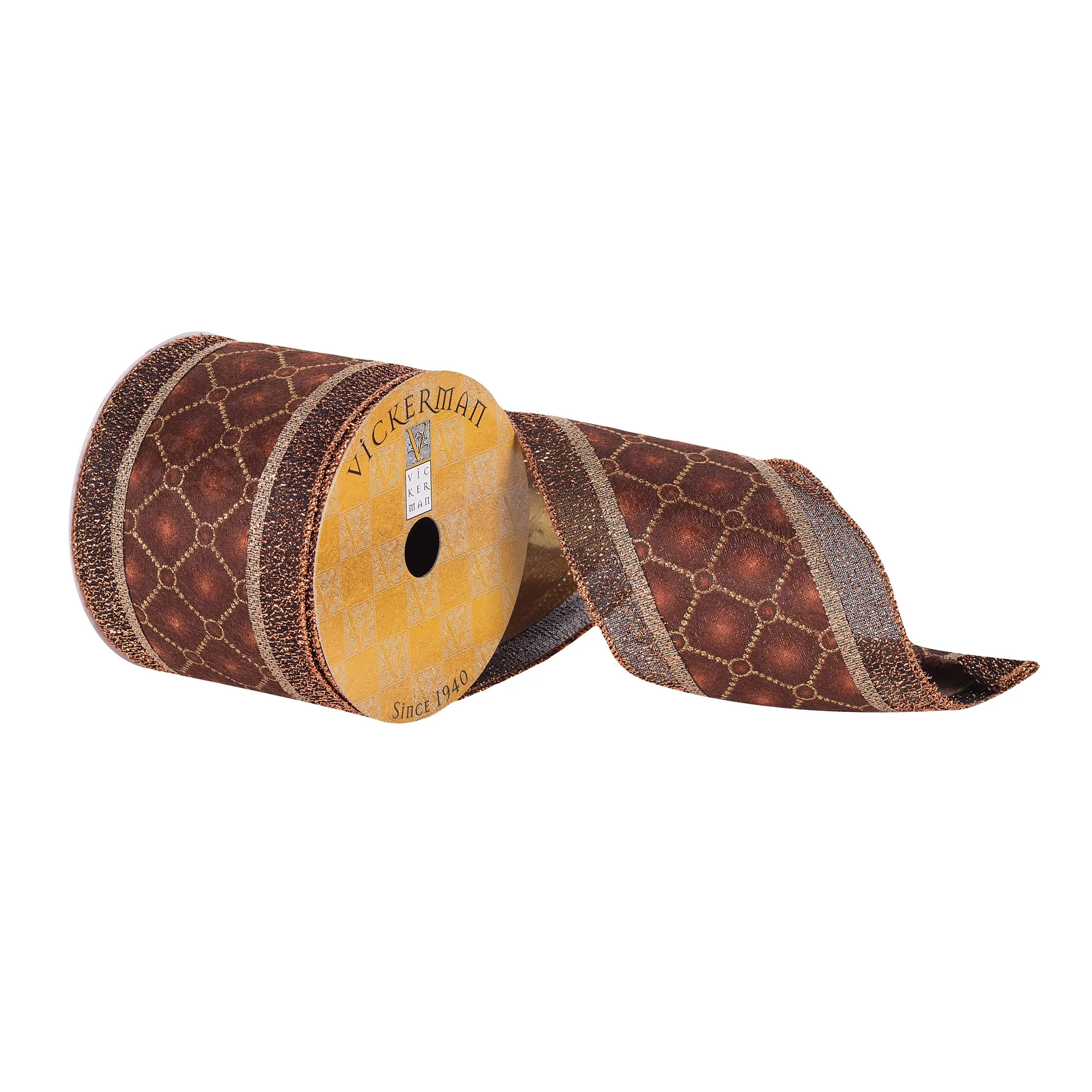 Vickerman 4" x 10 yard Chocolate and Mocha Diamond Pattern with Gold Stripes Christmas Ribbon | Walmart (US)