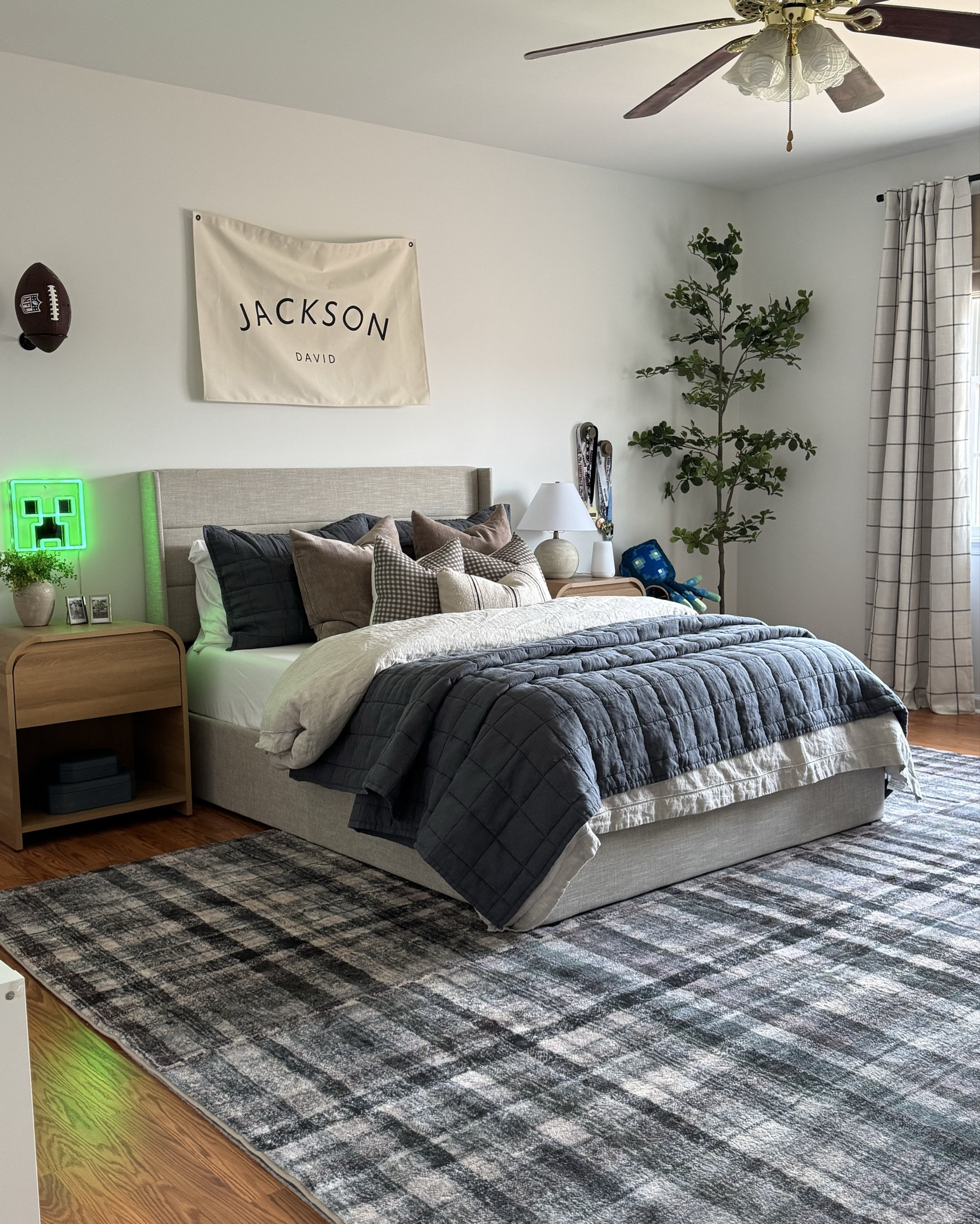 Boy bedroom, kids bedroom, bedroom rug, bedroom curtains, boy bedding, kids bedding, olive tree, kids nightstand, boy bedroom decor, Minecraft bedroom, Amazon curtains, bedroom curtains, Roman shades, Lego bedroom, bedroom throw pillows