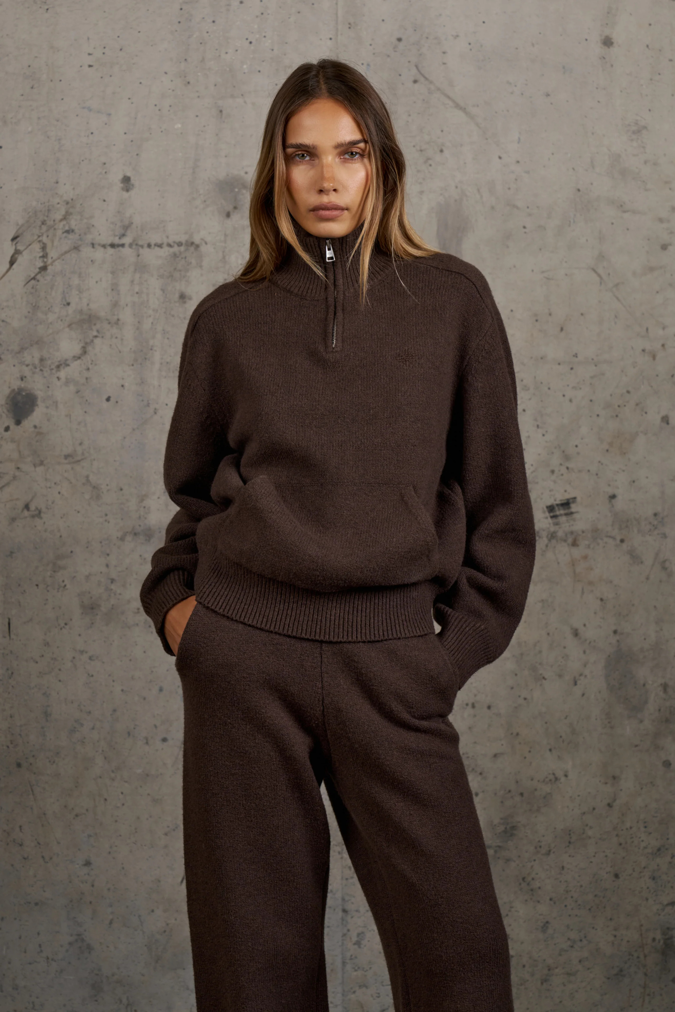EMBLEM EMBROIDERED FUNNEL NECK - BROWN | The Couture Club
