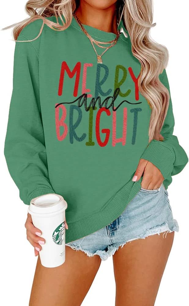 IZYJOY Christmas Sweatshirt for Women Merry and Bright Graphic Oversized Pullover Crewneck Long Sleeve Holiday Sweatshirt Top | Amazon (US)