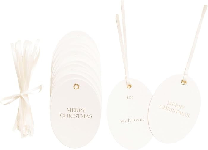 Christmas Gift Tags, Premium Oval Letterpress Holiday Tags with Gold Foil, Merry, to and with Lov... | Amazon (US)