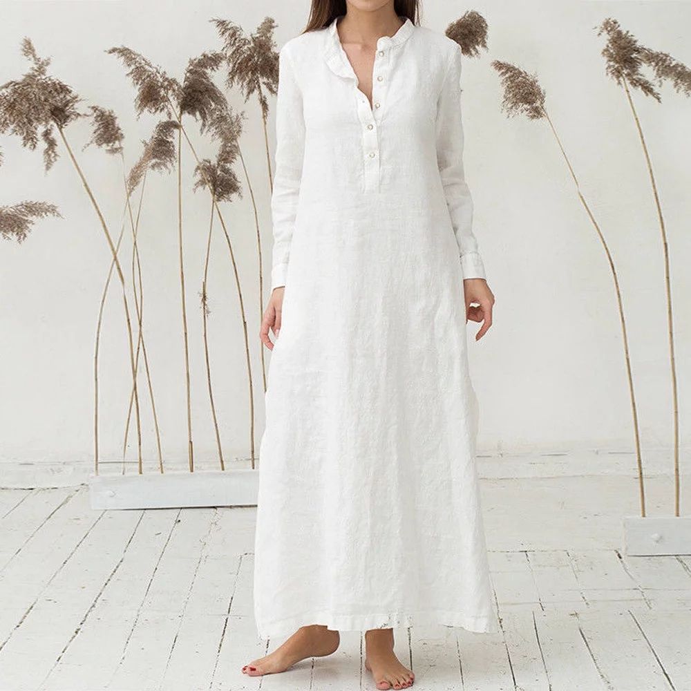 White Dress Women'S Kaftan Cotton Long Sleeve Plain Casaul Oversized Maxi Long Dress Wh/Xl Fall D... | Walmart (US)