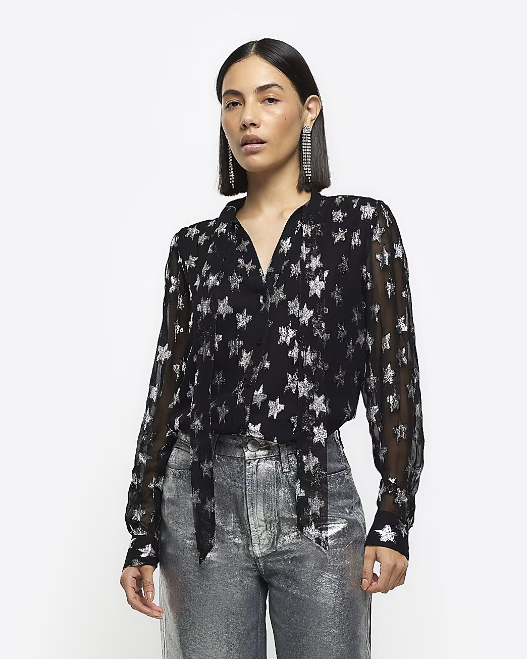 Black star long sleeve blouse | River Island (UK & IE)