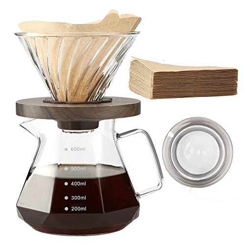 Lalord Pour Over Coffee Maker, 20 oz Borosilicate Glass Carafe with 100 pcs V60 Paper Filter by Gsform, Walnut Handle & Glass Lid, Drip Coffee Maker for Home Café Restaurant Camping, 600 ml, Clear | Amazon (US)
