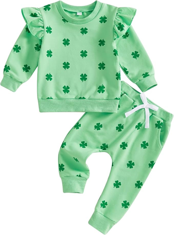 Lamuusaa Toddler Baby Girl St Patricks Day Outfit Shamrock Print Long Sleeve Sweatshirt Long Pant... | Amazon (US)